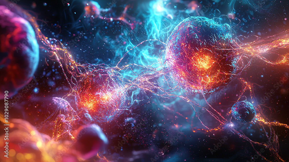 A vibrant illustration of cosmic particles interconnected in a vast, colorful space, showcasing the beauty of the universe at a molecular level. A vibrant illustration of cosmic particles interconnected in a vast, colorful space, showcasing the beauty of the universe at a molecular level.