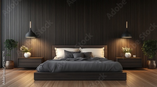 Elegant bedroom with dark tones, minimalist design, and cozy atmosphere.