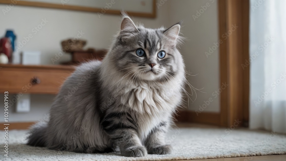 Blue siberian cat in the living room Blue siberian cat in the living room