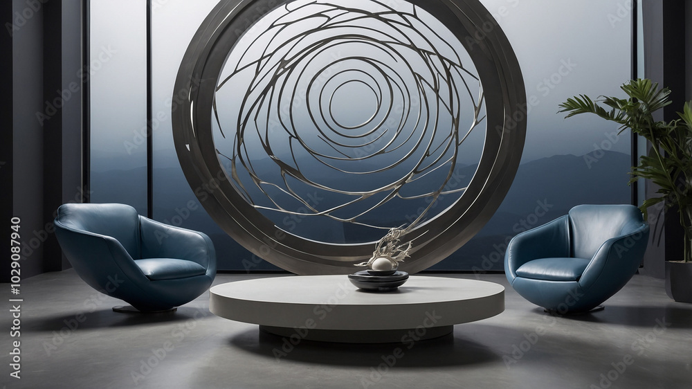 Fototapeta premium Modern living room design with circular sculpture and two blue chairs in a gray-toned setting.