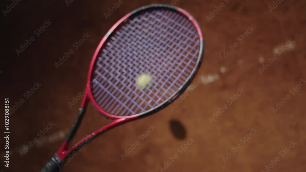Close-up slow-motion footage of a tennis racket hitting a yellow tennis ball on a clay court. Concept of sports action, training, exercise, practice