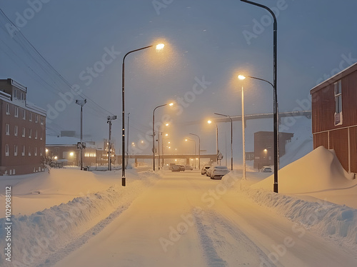 Snowy Street in a Small Town