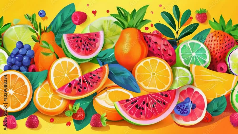A vibrant arrangement of various fruits on a bright yellow background. A vibrant arrangement of various fruits on a bright yellow background.