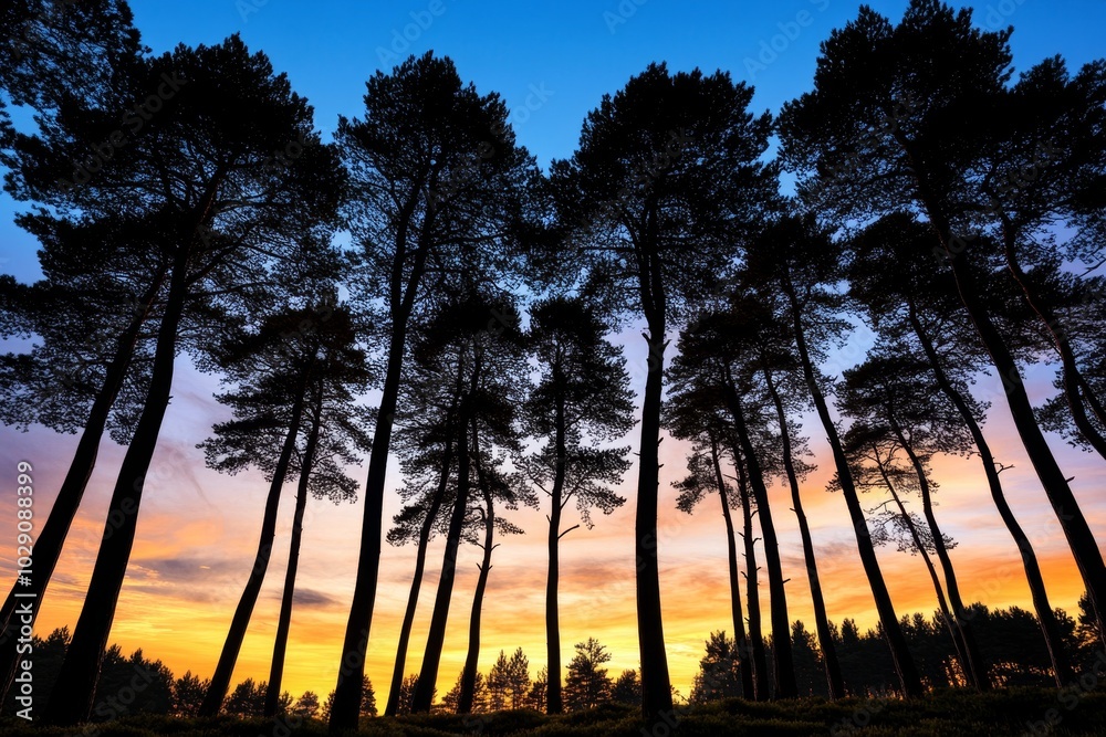 Obraz premium Simple silhouette of a European forest at dusk, with tall, slender trees standing against a soft gradient sky, creating a peaceful and magical atmosphere