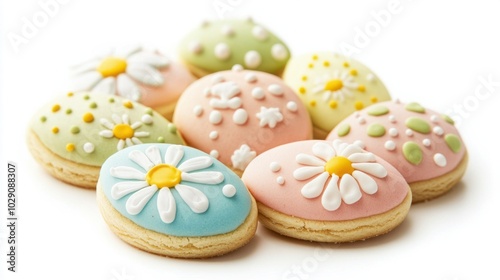 Easter sugar cookies shaped like flowers and eggs, decorated with colorful icing, isolated on white background