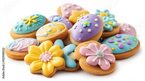 Easter sugar cookies shaped like flowers and eggs, decorated with colorful icing, isolated on white background