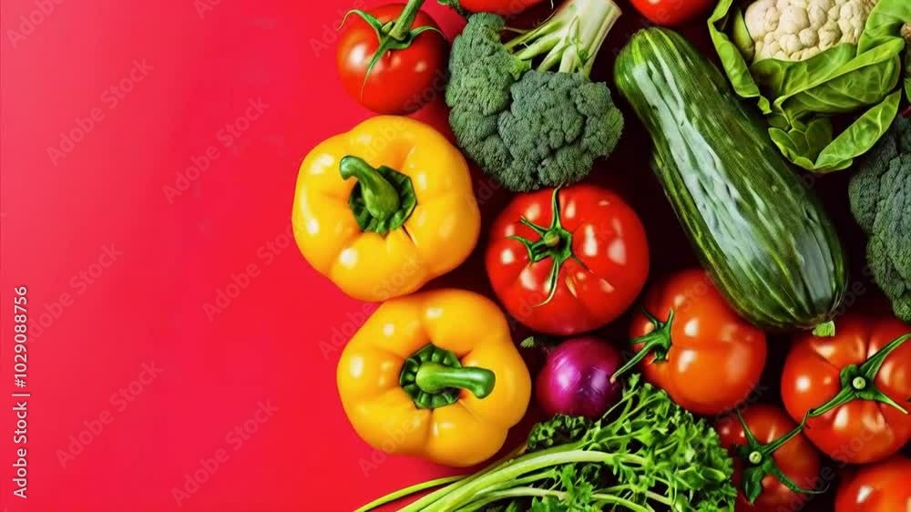 A vibrant arrangement of fresh vegetables on a red background. A vibrant arrangement of fresh vegetables on a red background.