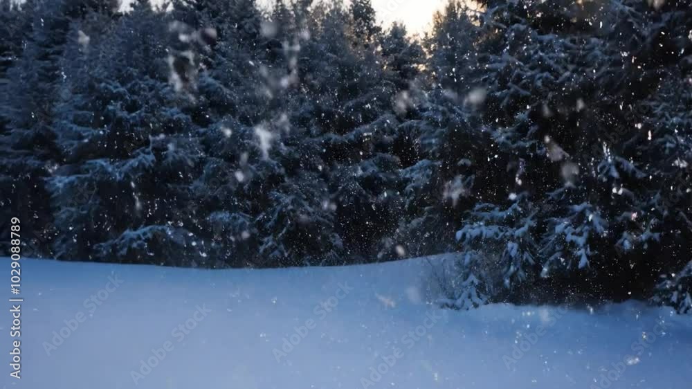 Serene winter landscape with falling snowflakes in dense forest of evergreen trees, capturing beauty and tranquility of snowy day in natures cold embrace.