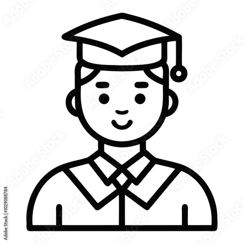 Graduate icon, Simple icon representing a graduate with a cap and gown, Student icon or logo design Line art vector silhouette.