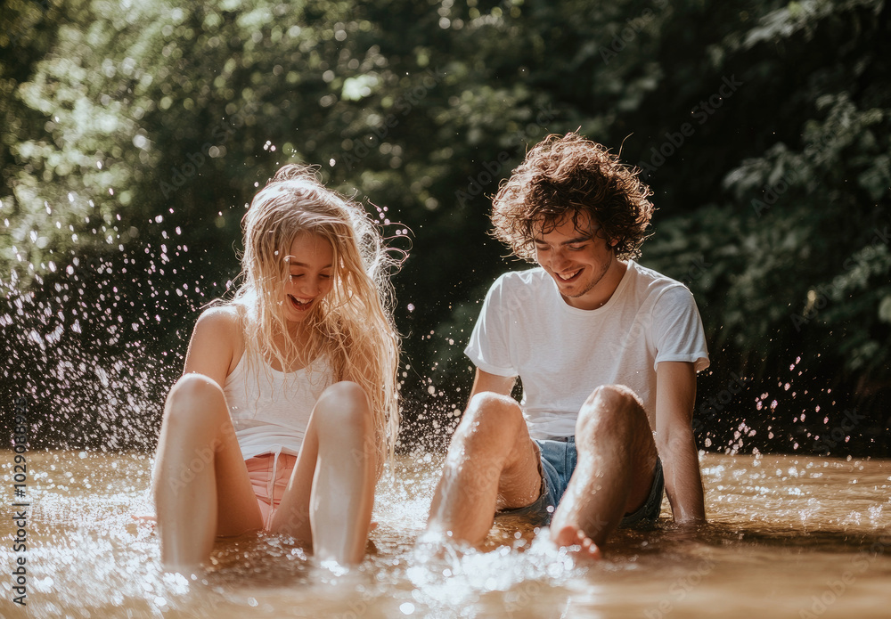 two girls sitting on the edge, splashing water with their legs in summer by lake or river. two girls sitting on the edge, splashing water with their legs in summer by lake or river.