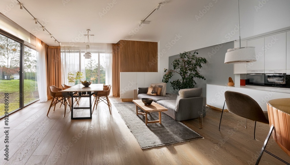 Interior design of modern scandinavian apartment, living room and dining room, panorama 3d rendering