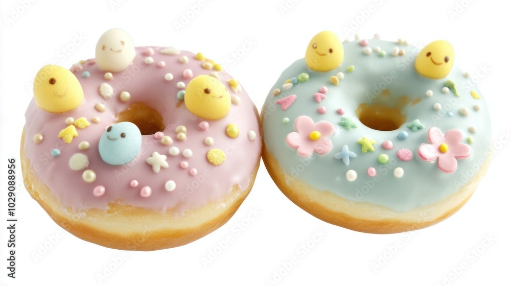 Easter-themed donuts decorated with pastel icing and sprinkles, isolated on white background Easter-themed donuts decorated with pastel icing and sprinkles, isolated on white background