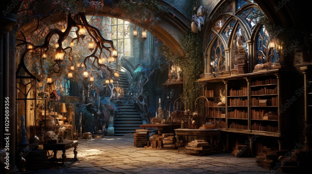 Obraz premium A magical and mystical library with a grand staircase, bookshelves, and antique furniture.