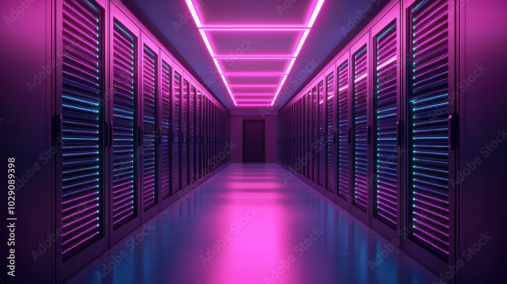 modern data center corridor illuminated with vibrant pink and blue lights, showcasing rows of server racks. atmosphere is futuristic and high tech, emphasizing advanced technology and cloud storage modern data center corridor illuminated with vibrant pink and blue lights, showcasing rows of server racks. atmosphere is futuristic and high tech, emphasizing advanced technology and cloud storage
