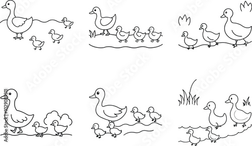 Duck Family Outing: Mom and Ducklings in a Row