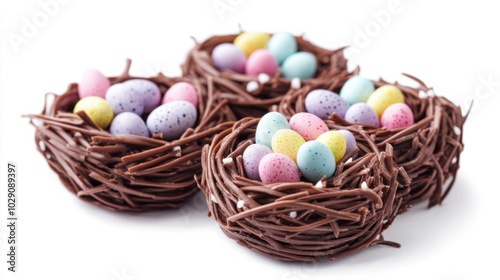 Festive Easter chocolate nests filled with mini candy eggs, isolated on white background, cute holiday treat