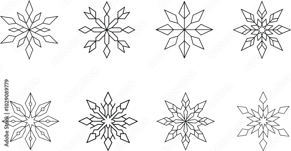 Six Unique Black Line Snowflake Designs Six Unique Black Line Snowflake Designs