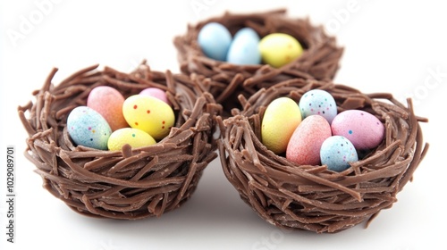 Festive Easter chocolate nests filled with mini candy eggs, isolated on white background, cute holiday treat