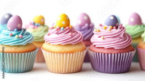 Festive Easter cupcakes with pastel-colored frosting and candy eggs on top, arranged on white background