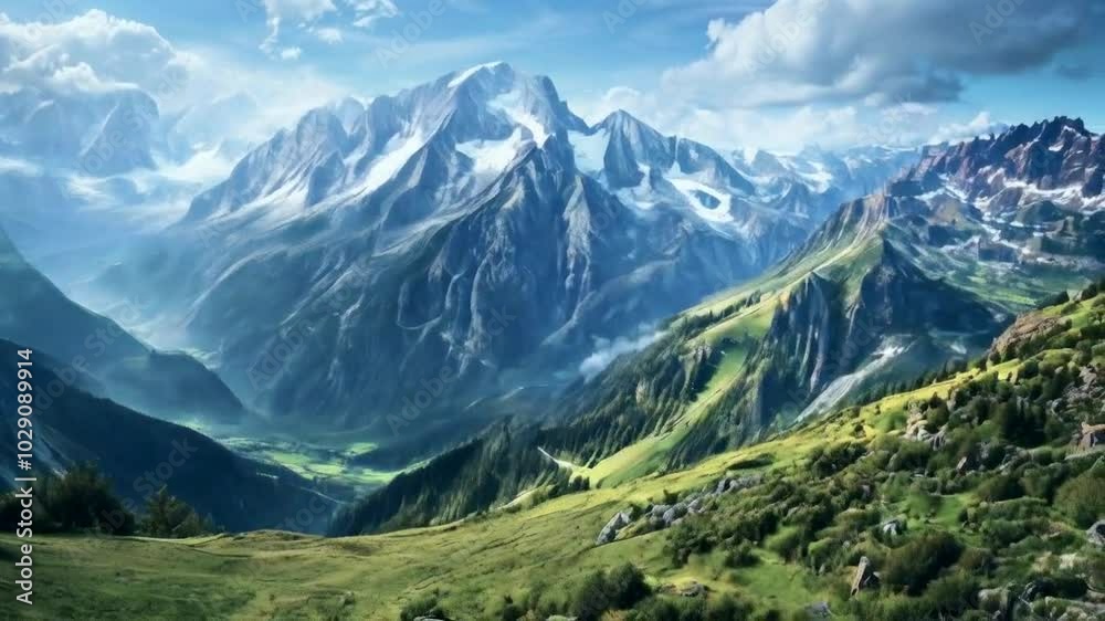 A breathtaking mountain landscape with lush greenery and snow-capped peaks under a blue sky. A breathtaking mountain landscape with lush greenery and snow-capped peaks under a blue sky.