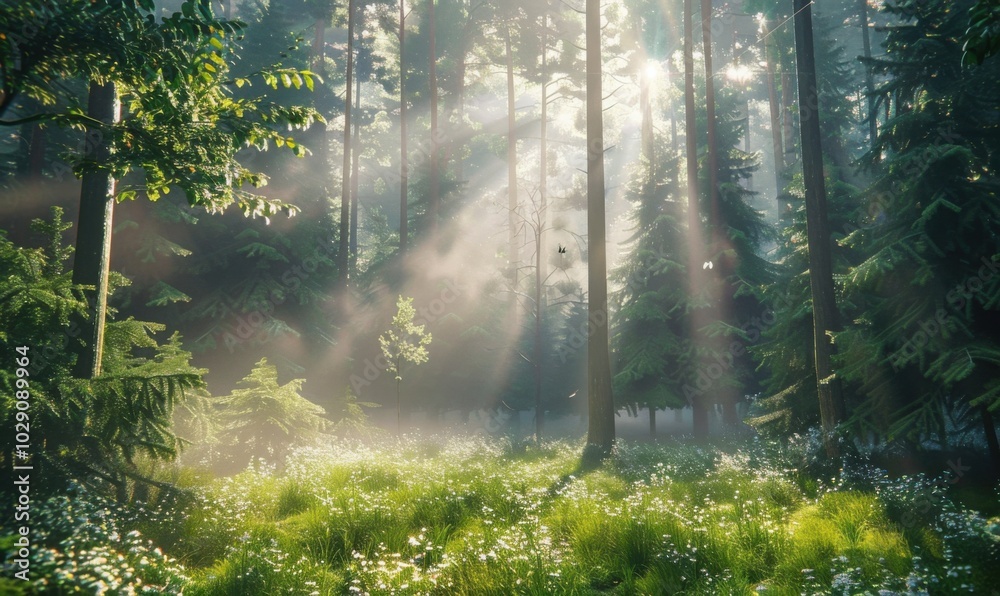 Obraz premium Misty forest with sunbeams filtering through tall trees, 4K hyperrealistic photo