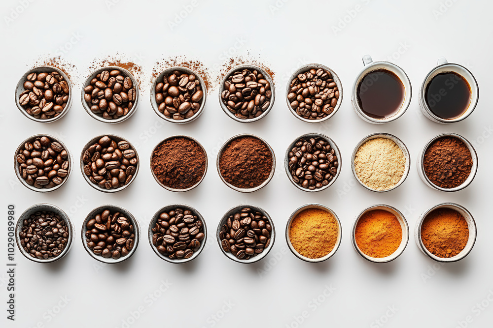 An array of coffee varieties arranged in cups, showcasing different roasts, ground textures, and color variations, highlighting the diverse world of coffee. An array of coffee varieties arranged in cups, showcasing different roasts, ground textures, and color variations, highlighting the diverse world of coffee.