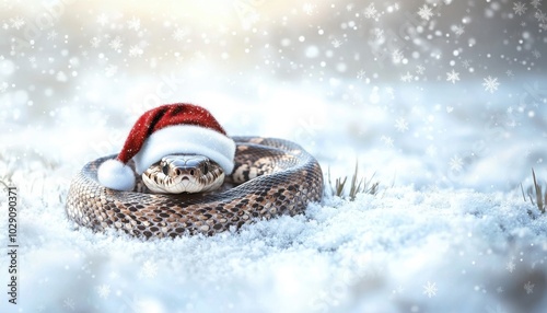 A snake wearing a Santa hat rests on a snowy landscape, creating a whimsical holiday scene.