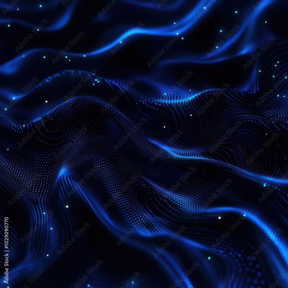 Fototapeta premium Abstract blue wave pattern with glowing stars on a dark background.