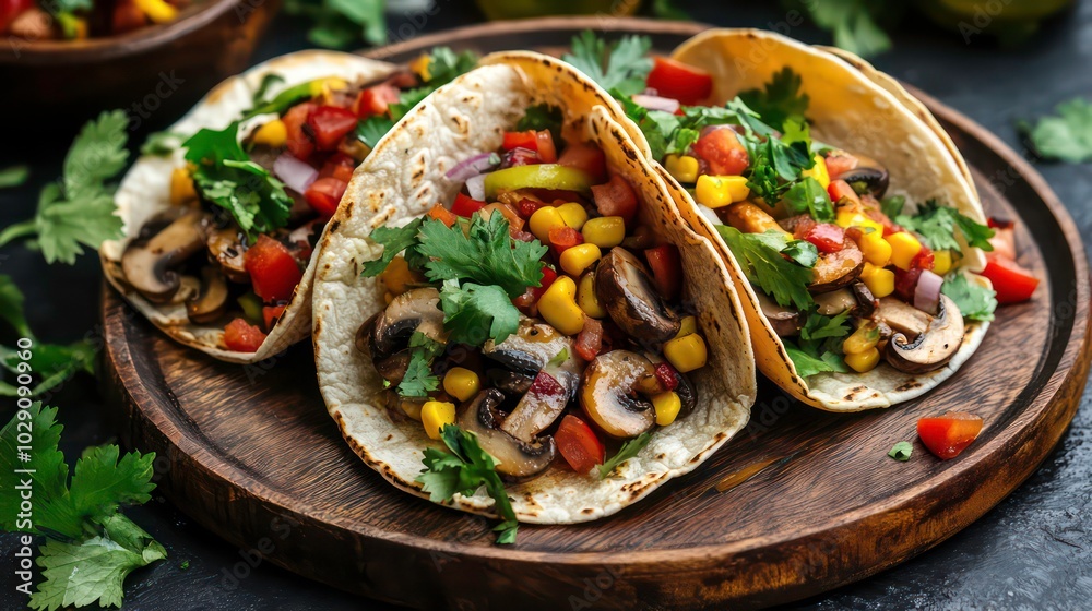 Three vegetarian tacos with mushrooms, corn, tomatoes, onions and cilantro on a wooden plate. Three vegetarian tacos with mushrooms, corn, tomatoes, onions and cilantro on a wooden plate.