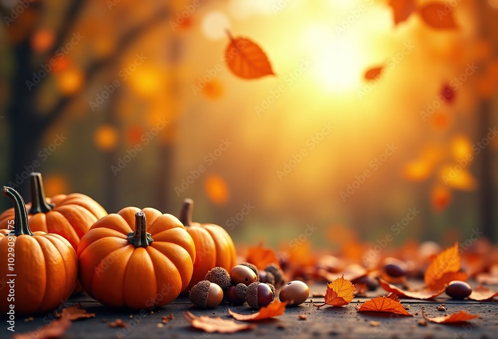 Pumpkins on red leaves at sunset. Still life photo Pumpkins on red leaves at sunset. Still life photo