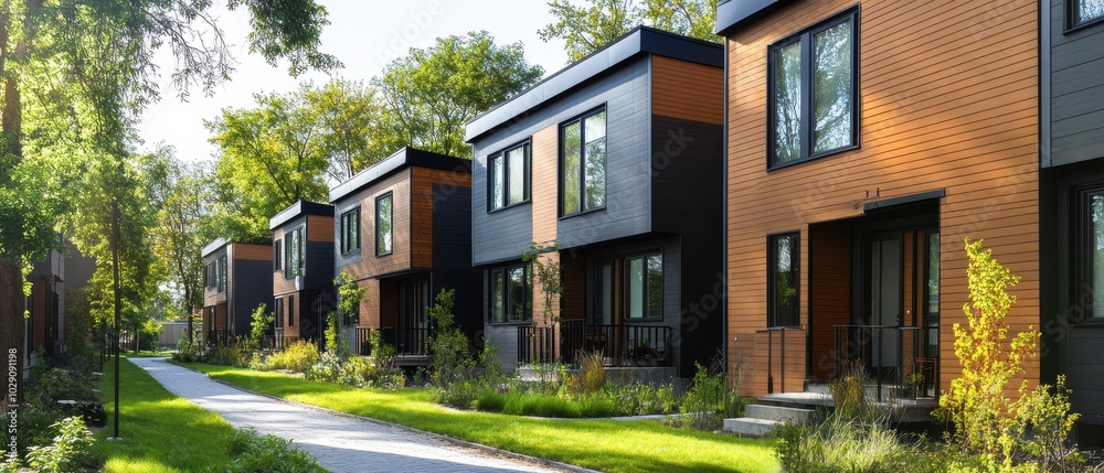 Modern row houses with wood siding and lush greenery on a sunny day. Modern row houses with wood siding and lush greenery on a sunny day.