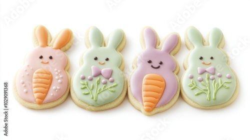 Festive Easter sugar cookies shaped like bunnies and carrots, decorated with pastel icing, isolated on white background