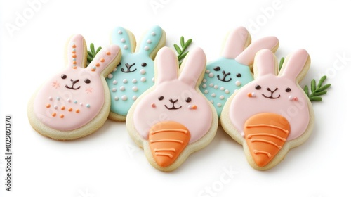 Festive Easter sugar cookies shaped like bunnies and carrots, decorated with pastel icing, isolated on white background