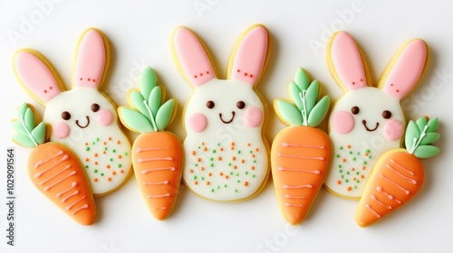 Festive Easter sugar cookies shaped like bunnies and carrots, decorated with pastel icing, isolated on white background
