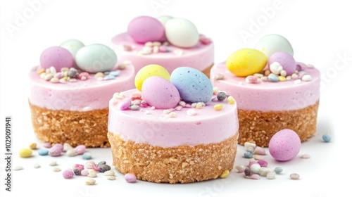 Mini Easter cheesecakes topped with pastel-colored candy eggs, isolated on white background