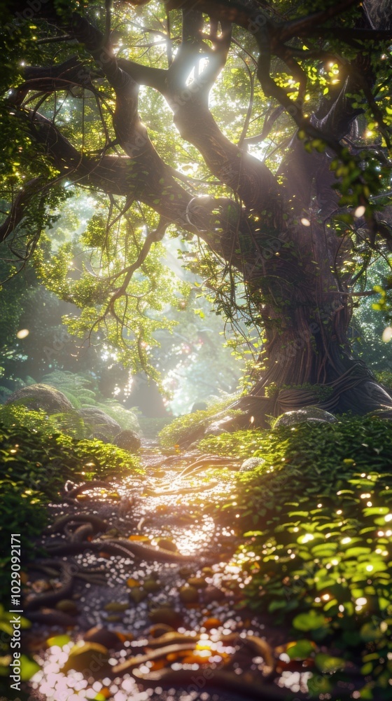 Elven woodland haven beneath shimmering canopies, 4K hyperrealistic photo Elven woodland haven beneath shimmering canopies, 4K hyperrealistic photo
