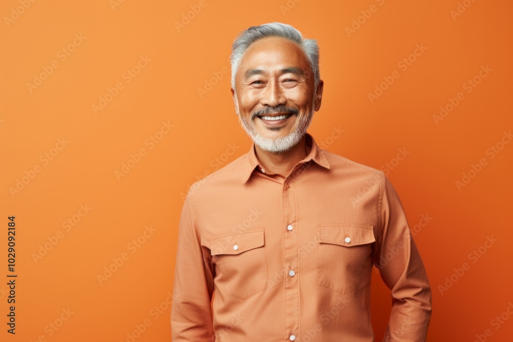 Portrait of a blissful asian man in his 60s sporting a versatile denim shirt on pastel orange background Portrait of a blissful asian man in his 60s sporting a versatile denim shirt on pastel orange background