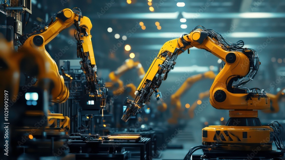 A row of yellow industrial robot arms in a factory setting, showcasing automation and advanced technology. A row of yellow industrial robot arms in a factory setting, showcasing automation and advanced technology.