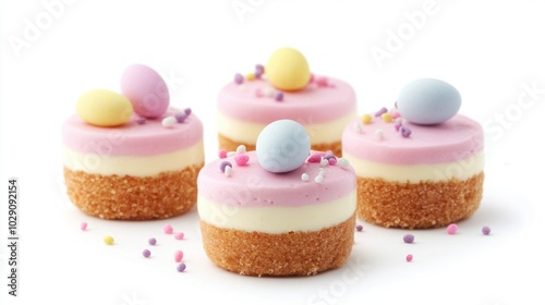 Mini Easter cheesecakes topped with pastel-colored candy eggs, isolated on white background