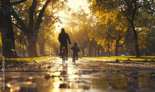 Father teaching his child to ride a bike in a park, nurturing 4K hyperrealistic photo.