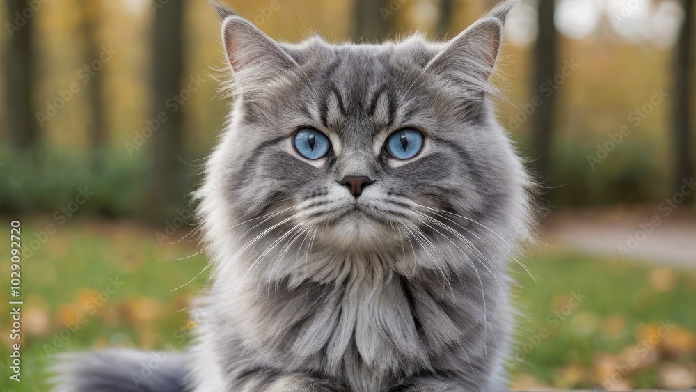 Blue siberian cat in the park Blue siberian cat in the park