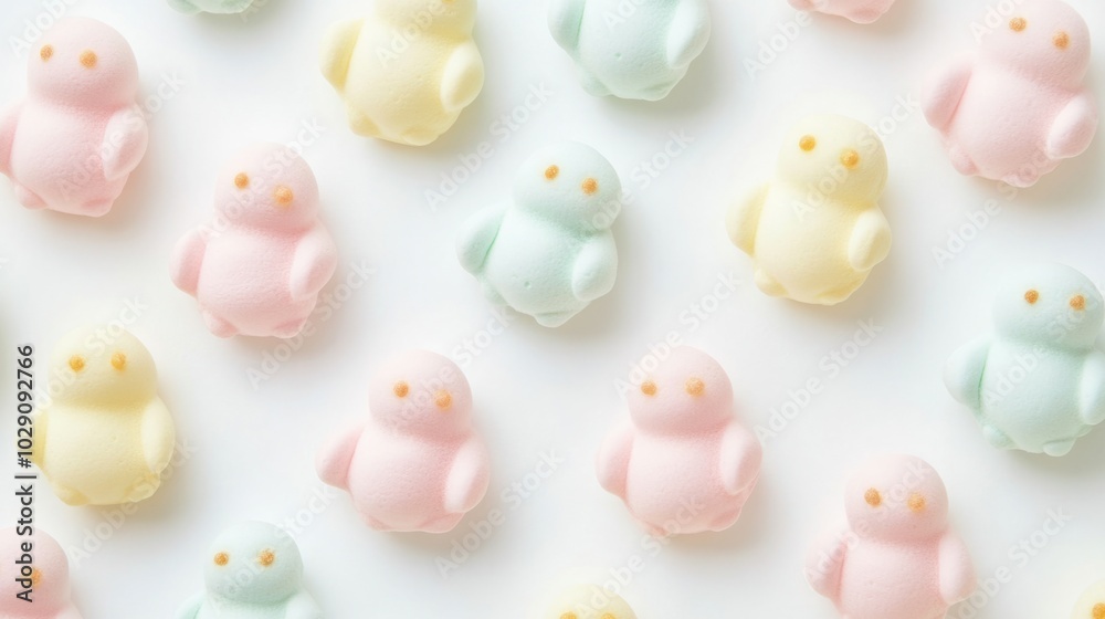 Pastel-colored marshmallow chicks, arranged on white background, traditional Easter candy Pastel-colored marshmallow chicks, arranged on white background, traditional Easter candy