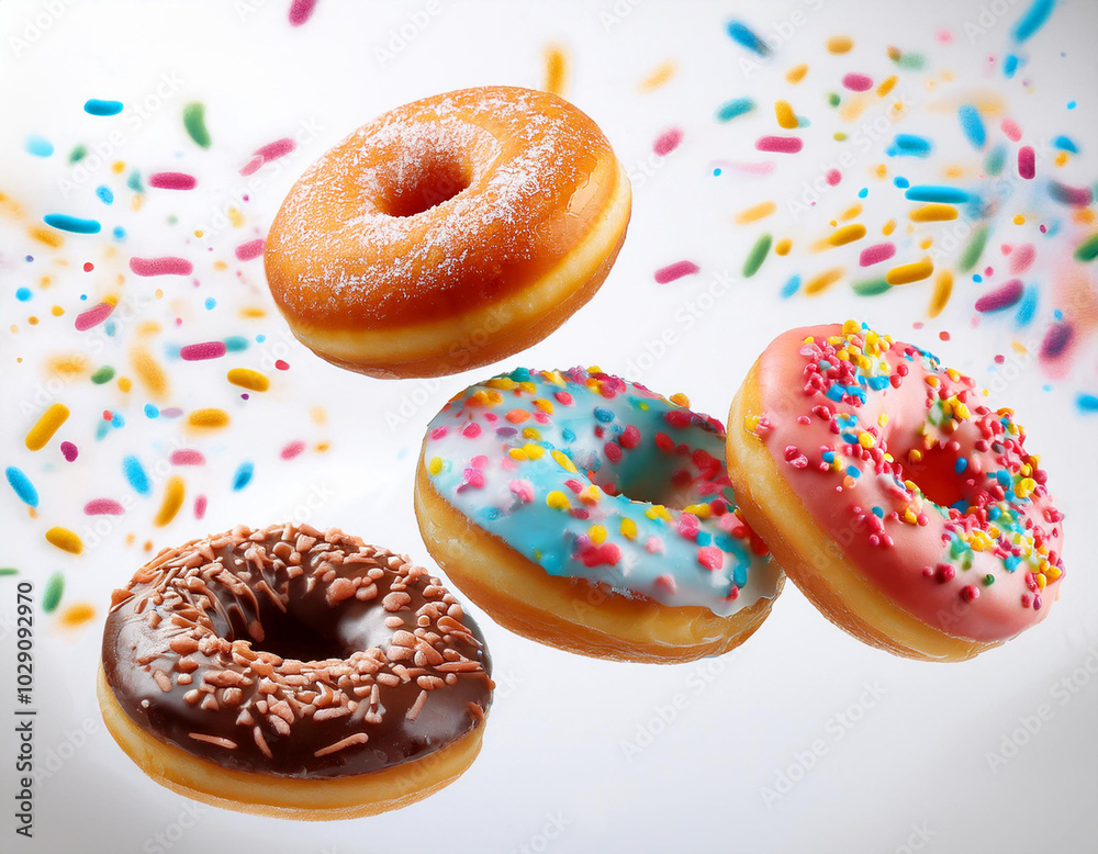 Sweet colorful glazed doughnuts from above on white background. Junk food top view, sugar treat Sweet colorful glazed doughnuts from above on white background. Junk food top view, sugar treat