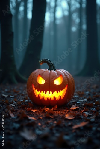 Scary looking pumpkin in woods, dark grim theme