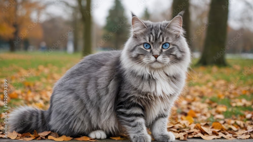 Fototapeta premium Blue siberian cat in the park