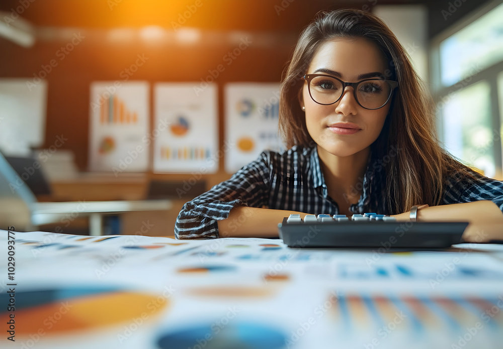 Fototapeta premium Young Woman Analyzing Data With Calculator and Charts