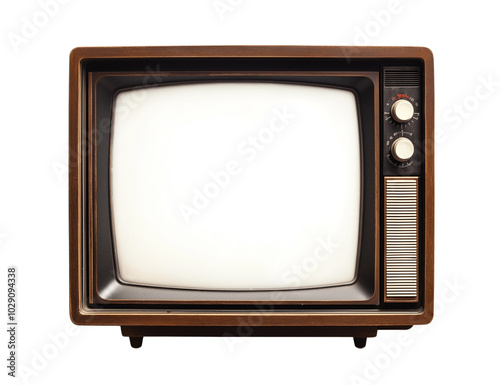 Vintage wooden TV box with empty screen isolated on transparent PNG or white background. Retro antique portable television concept.