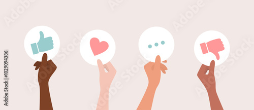 Hands of people of different nationalities and skin tones holding up like, dislike, heart and ellipsis signs, flat vector illustration