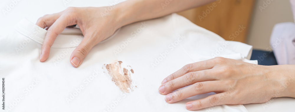 Fototapeta premium Close up hand of housewife, maid woman holding white t-shirt, showing making cloth stain, spot dirty or smudge on clothes, dirt stains for cleaning before washing, making household working at home.