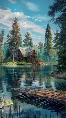 Serene lakeside cabin with a wooden dock, 4K hyperrealistic photo